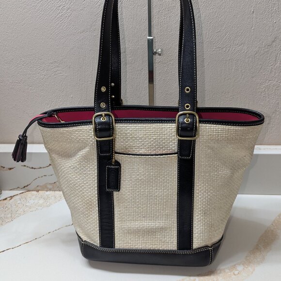 Coach woven and leather tote. VGUC! - Picture 1 of 9